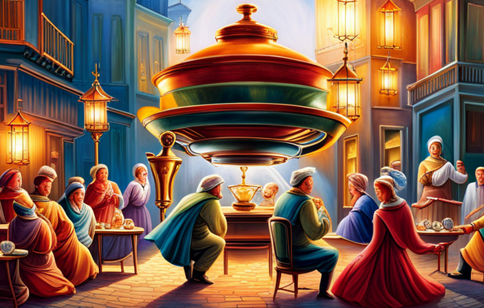 An image capturing the essence of Russian tea culture: a vibrant samovar, adorned with intricate patterns, emitting steam as guests gather around, engaging in lively conversation and enjoying traditional tea rituals