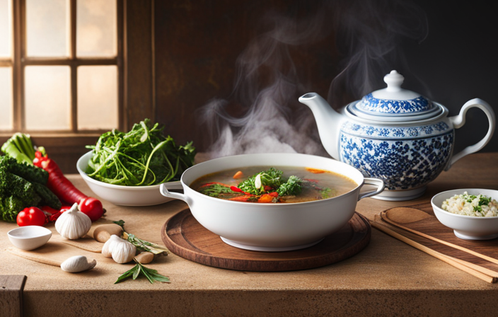 An image showcasing a steaming bowl of fragrant tea-infused soup, with vibrant vegetables and tender meat swimming in the savory broth