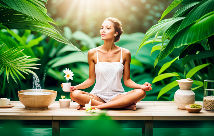 An image showcasing a serene spa setting, with a woman enjoying a cup of herbal tea while surrounded by lush green plants