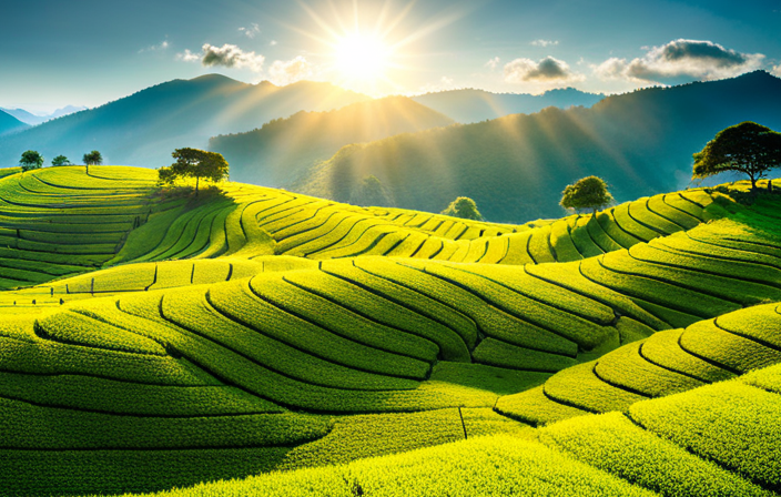 An image showcasing an idyllic tea plantation nestled amidst lush green hills, with farmers employing eco-friendly methods like composting, rainwater harvesting, and biodiversity conservation, emphasizing sustainability in the tea industry