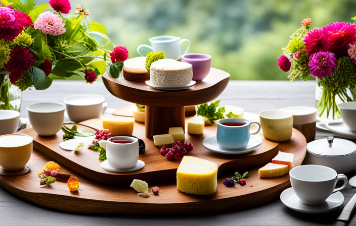 An image showcasing a rustic wooden platter adorned with delicate porcelain teacups, each filled with vibrant colored teas, accompanied by an assortment of artisanal cheeses, ranging from soft and creamy to tangy and aged
