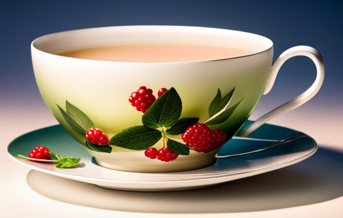 An image showcasing a serene teacup filled with antioxidant-rich green tea, surrounded by vibrant red berries and a sprig of fresh mint