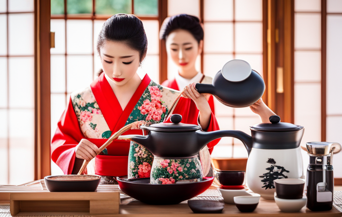 An image showcasing a serene Japanese tea ceremony, with a graceful geisha pouring tea for samurais in a traditional tea house surrounded by blooming cherry blossom trees and ornate tea utensils