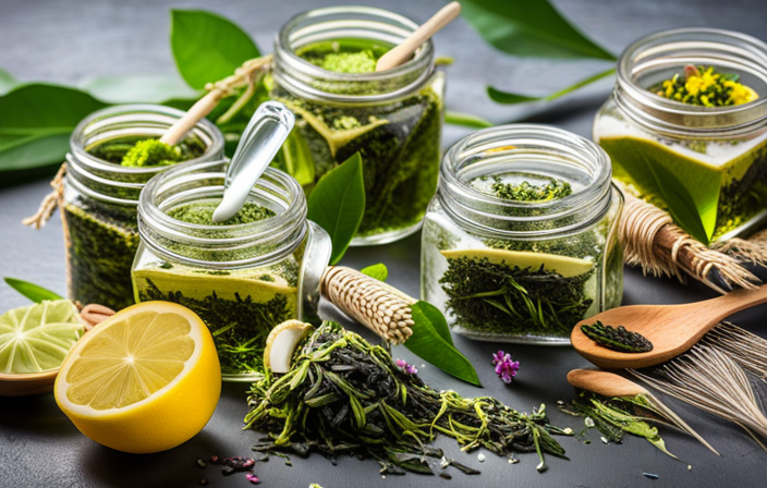An image showcasing an array of homemade green tea beauty products, including a refreshing green tea face mask, a soothing green tea toner, and a luxurious green tea bath soak surrounded by natural ingredients like herbs, flowers, and essential oils
