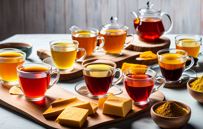 An image showcasing a vibrant, inviting tea party scene, featuring an assortment of 10 beautifully packaged turmeric tea brands