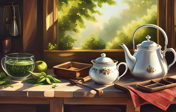 An image of a serene kitchen scene, with a sunlit window casting a gentle glow on a rustic wooden table adorned with fresh green tea leaves, a teapot, and a steaming cup, inviting a tranquil tea experience
