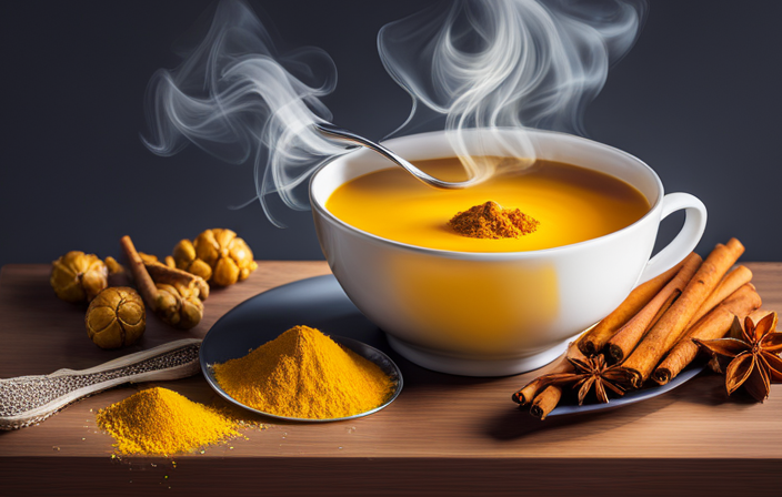 An image showcasing a vibrant cup of golden turmeric tea, adorned with aromatic spices like cinnamon, ginger, and cardamom