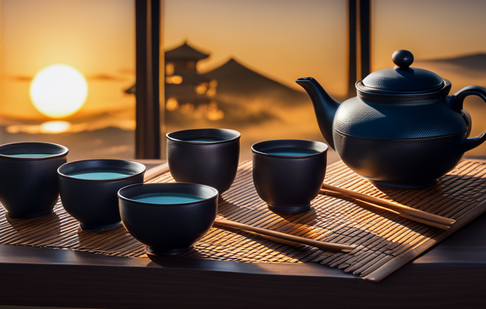 a still life of a delicately handcrafted Japanese tea set, arranged on a bamboo mat beside a steaming cup of vibrant green tea
