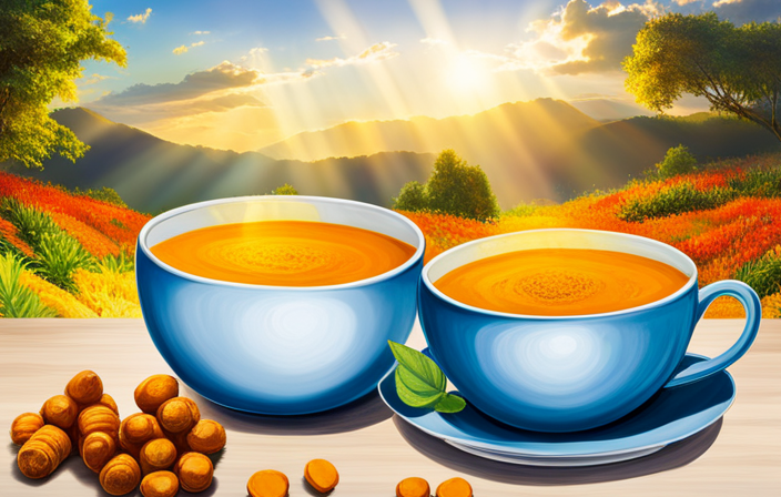 An image of a steaming cup of golden turmeric tea, gently swirling with aromatic spices
