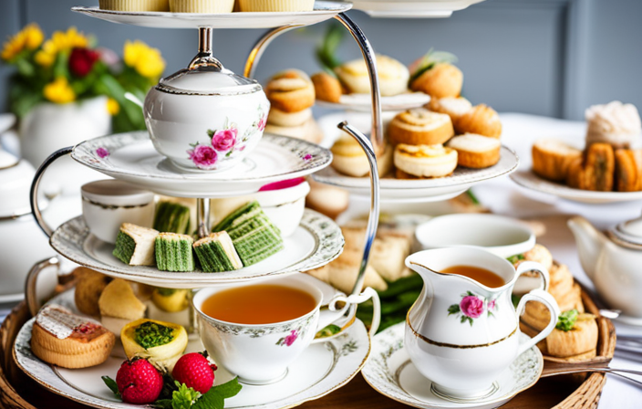 An image showcasing a beautifully set table with delicate porcelain teacups, tiered trays adorned with finger sandwiches and scones, and elegant silver teapots, exemplifying the contrasting elements that differentiate high tea from afternoon tea