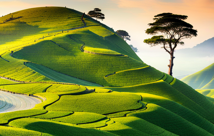 An image capturing a meticulously arranged display of vibrantly hued green tea leaves from diverse varieties like matcha, sencha, genmaicha, and gyokuro, showcasing their unique shapes, textures, and shades