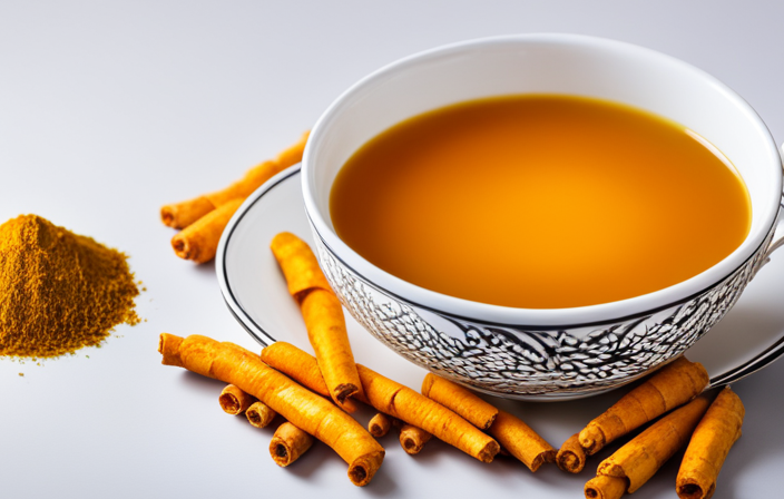 An image showcasing a vibrant teacup filled with golden turmeric tea, surrounded by ten floating turmeric roots, each revealing a surprising fact about this ancient spice