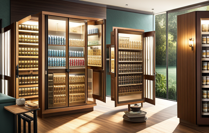 An image that showcases a well-organized tea cabinet with airtight glass jars neatly arranged, displaying various types of tea leaves, while a subtle ray of sunlight highlights the delicate aroma and vibrant colors