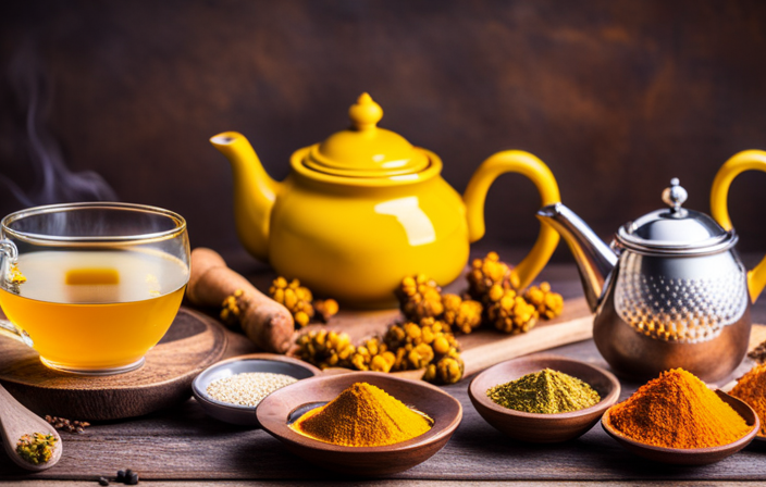 An image showcasing a cozy kitchen scene with a steaming cup of golden turmeric tea beautifully placed on a wooden table, surrounded by freshly grated turmeric roots, ginger, black pepper, and a teapot