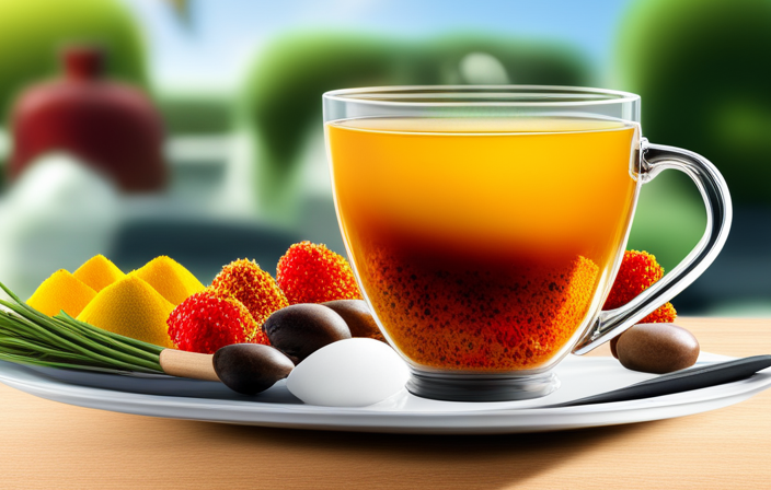 An image showcasing a cup of steaming turmeric tea surrounded by a variety of colorful spices, herbs, and fruits, emphasizing a healthy lifestyle