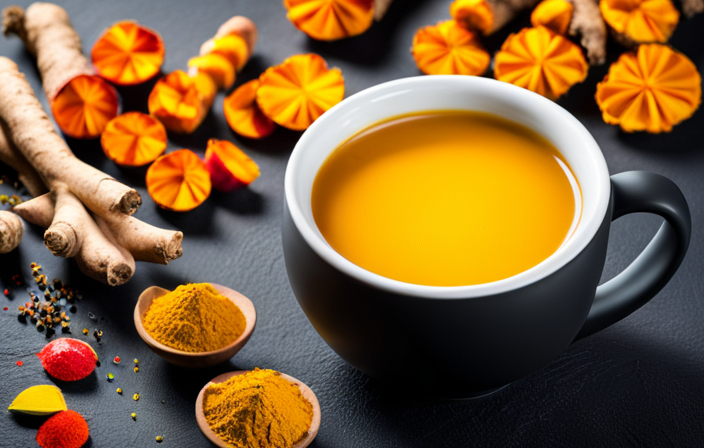 An image showcasing a steaming cup of vibrant turmeric tea, surrounded by fresh turmeric roots, ginger slices, and a sprinkle of black pepper, highlighting the key considerations for daily consumption