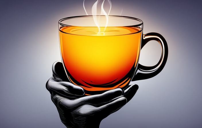 An image showcasing a person holding a cup of steaming turmeric tea, highlighting their skin turning a vibrant yellow hue while depicting a thought bubble with diverse side effects such as nausea, headaches, and dizziness