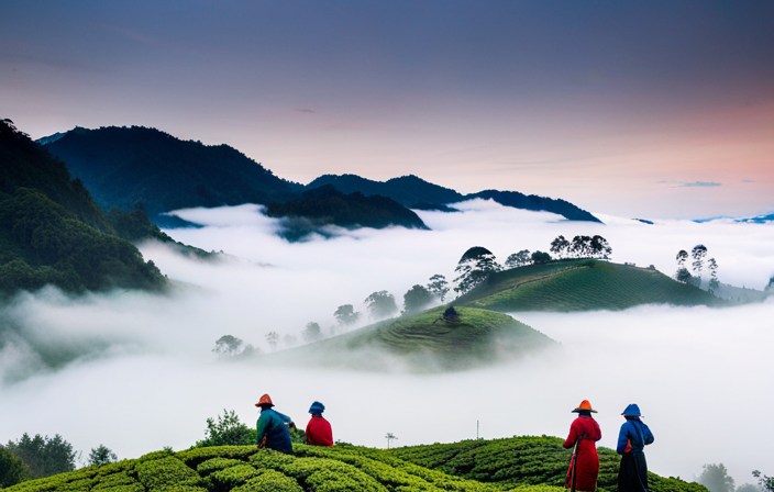 An image showcasing lush, terraced tea plantations sprawling across mist-covered mountainsides