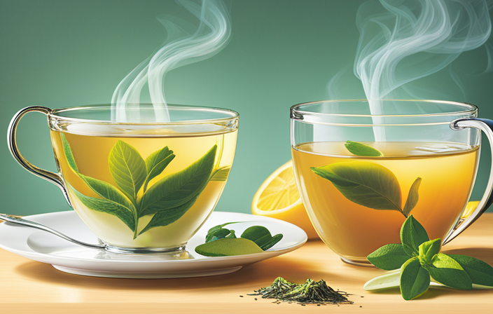 An image capturing the vibrant green tea leaves, gently steaming in a cup, while a hint of lemon zest hovers above