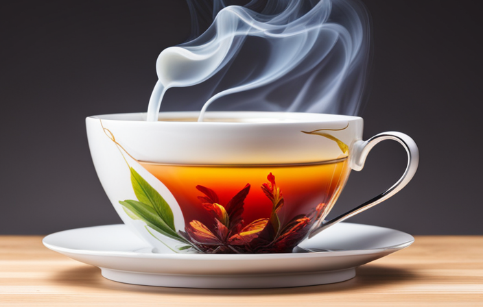 An image showcasing a perfectly brewed cup of tea, with swirling steam rising from a porcelain teacup