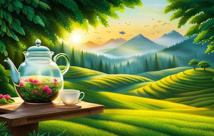 An image depicting a serene tea garden with lush green tea plants, showcasing a teapot pouring caffeine-free tea into a delicate cup