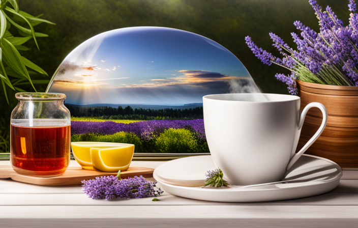 An image showcasing a serene setting, with a steaming cup of chamomile tea in the foreground, surrounded by lavender flowers and other herbs