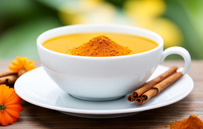 An image of a vibrant teacup, filled with a golden-hued turmeric tea, emanating aromatic steam