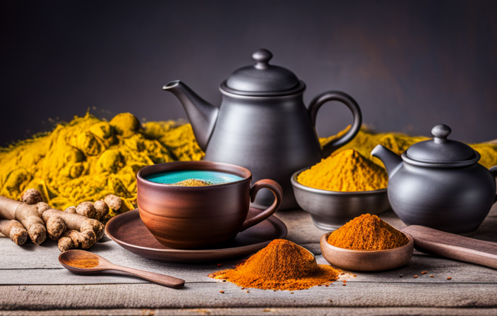 An image showcasing a peaceful morning scene with a warm cup of turmeric tea, surrounded by vibrant yellow turmeric roots, freshly grated and ready to be brewed