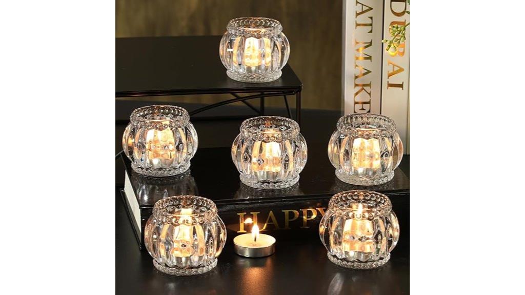 six clear glass candle holders
