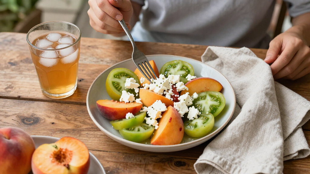 Insalata Di Pesche E Pomodori Verdi Con Feta